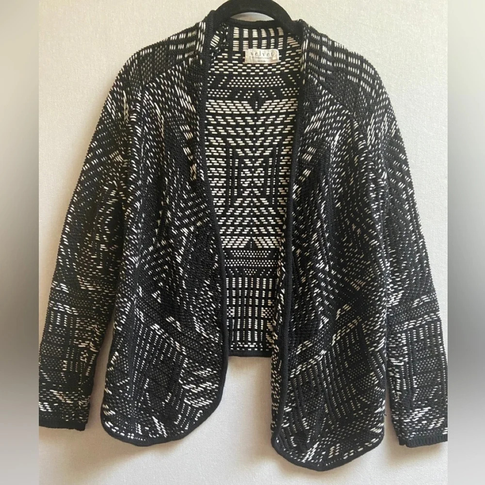 Velvet by Graham & Spencer Black White Cotton Open Knit Cardigan Sz XS